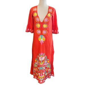 Debbie Katz Maxi Tunic Dress •S• Beach Coverup Dress Cotton Coral Embroidered